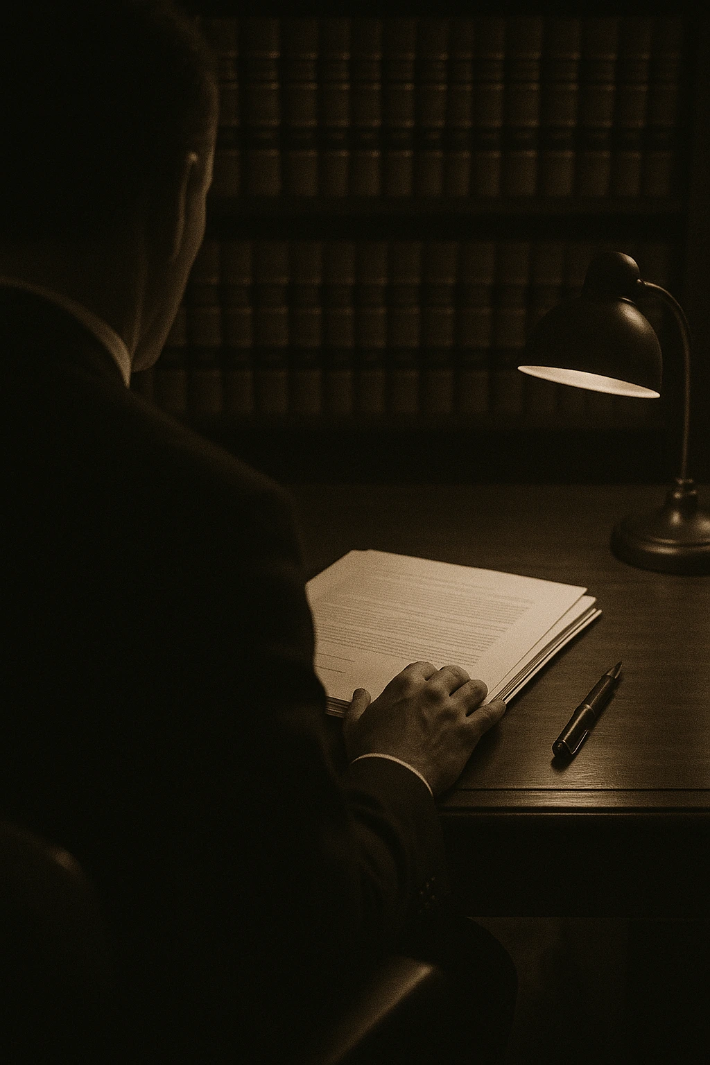 Партнёр юридической фирмы за столом с документами и перьевой ручкой, кадр через плечо.