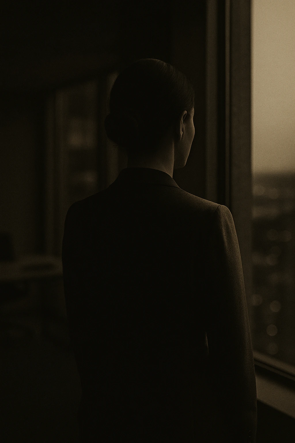 InHouse-юрист в корпоративном офисе у панорамного окна, силуэт со спины.