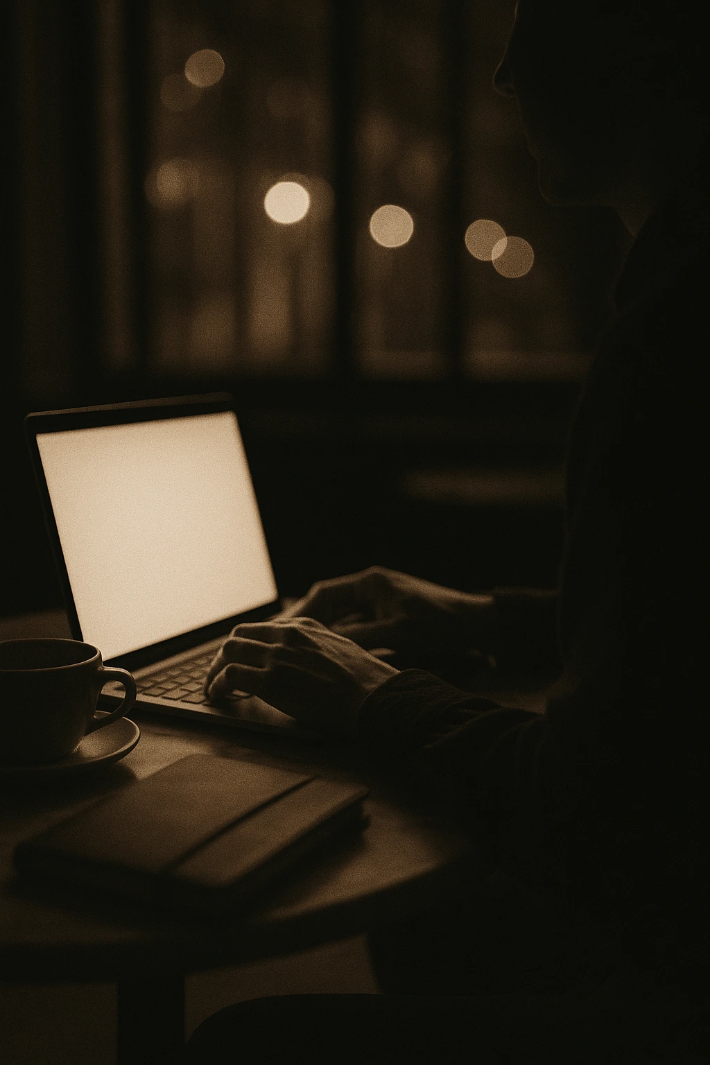 Соло-практик с ноутбуком за мраморным столом, руки на клавиатуре, боковой ракурс.